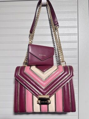 NWT Michael Kors Whitney Leather Shoulder Bag & Wallet Color Block Gold Pink